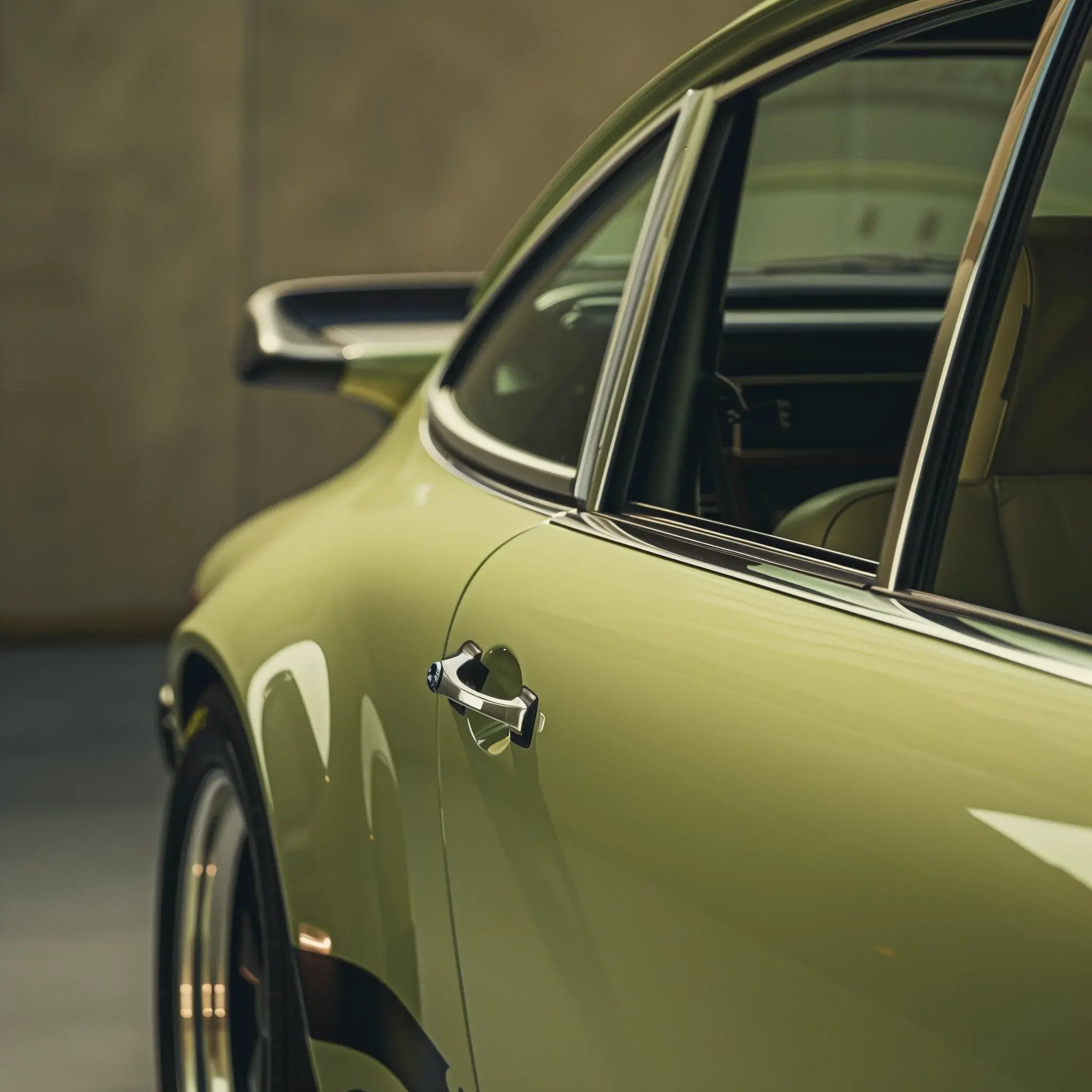 Close up side view of a 1973 Porsche 911 Classic Carrera