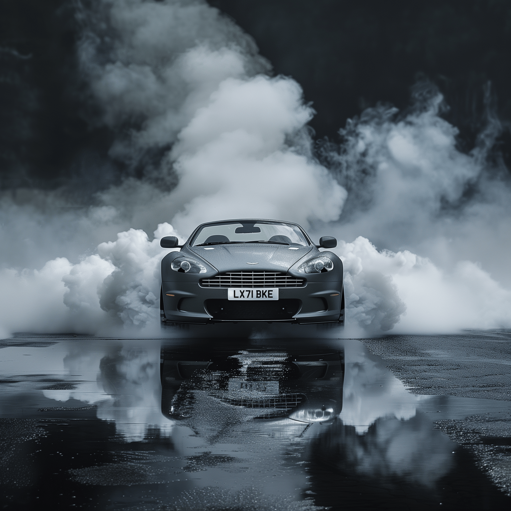 Aston Martin DB9 Volante (2004) on a smoke filled background