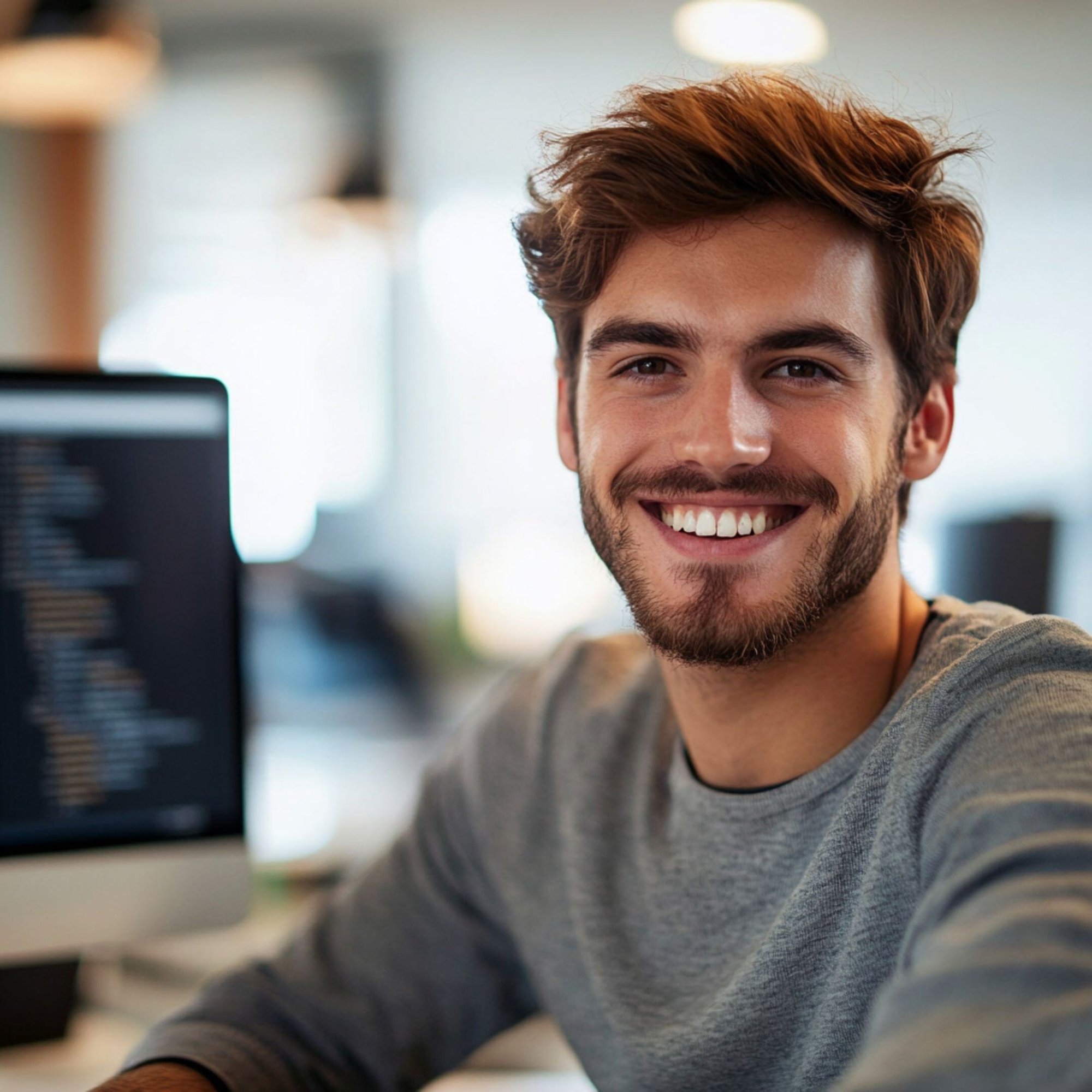 Image of a man with short brown hair smiling with a macbook in the background