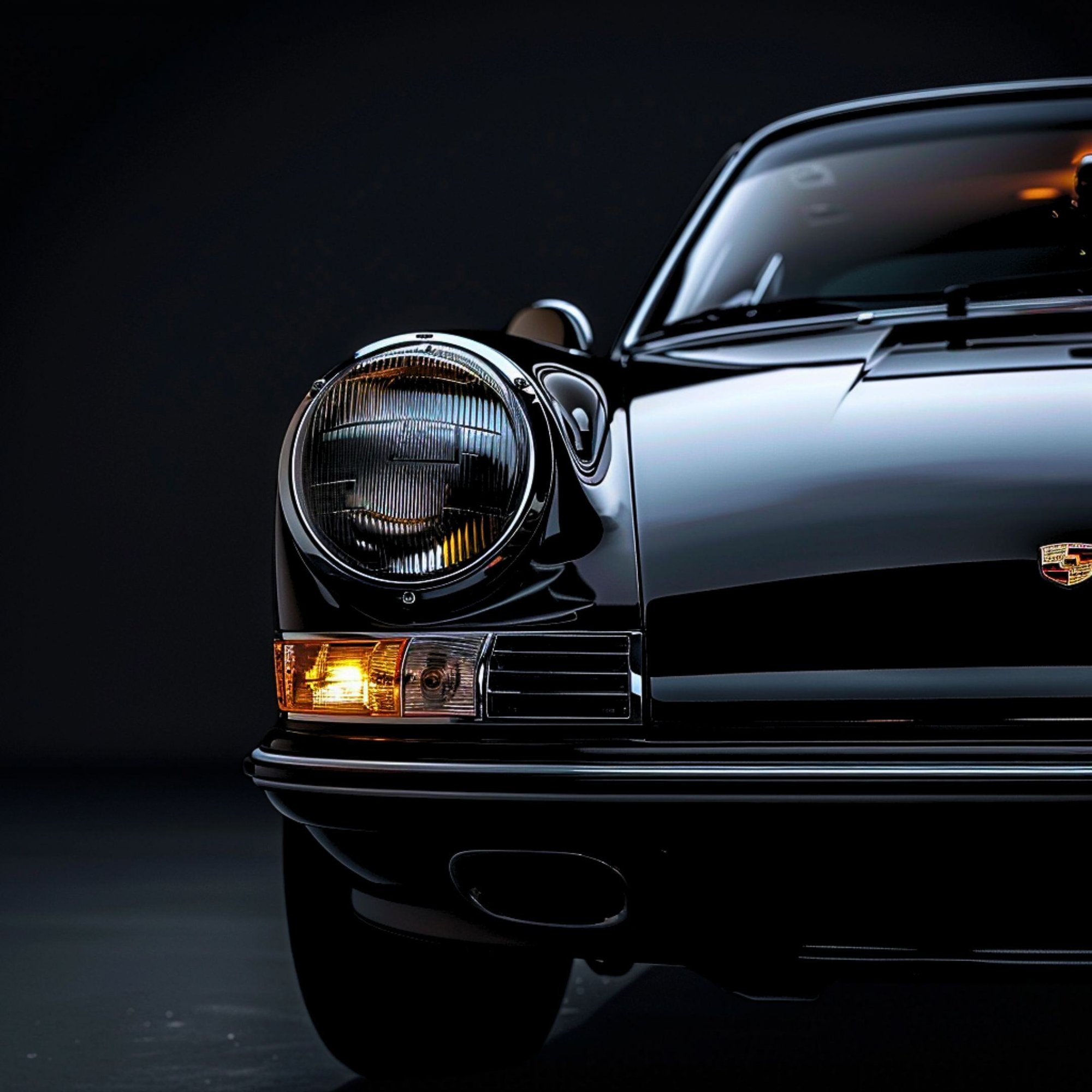 Close up image of a headlight of a luxury vehicle in a dark showroom