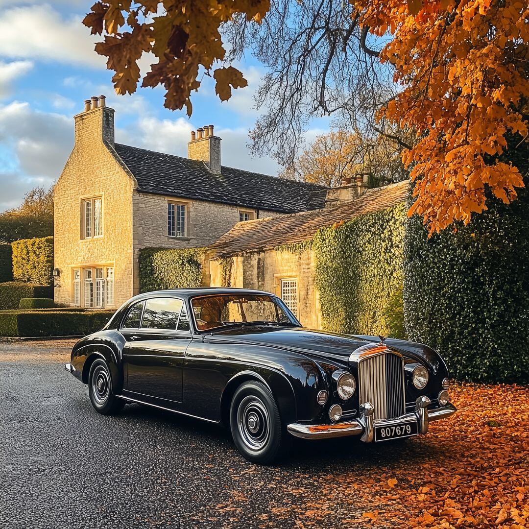 Photo of a vintage vehicle on an autumn day with an English house in the background