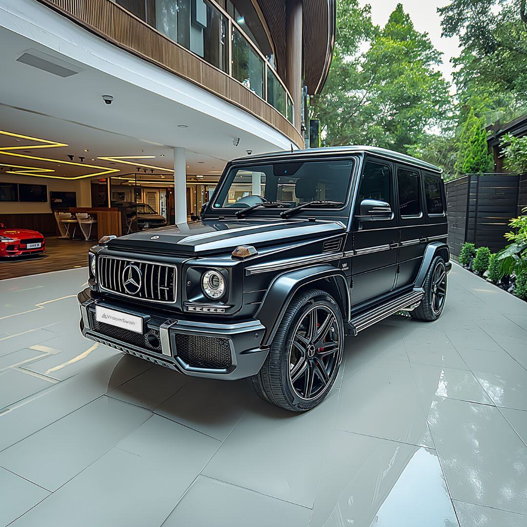 A black Mercedes in an outdoor showroom