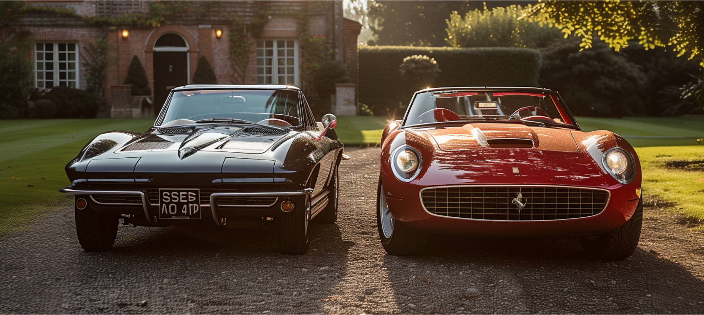 1963 Chevrolet Corvette Stingray and a 2015 Ferrari T11 in front of a green garden and house