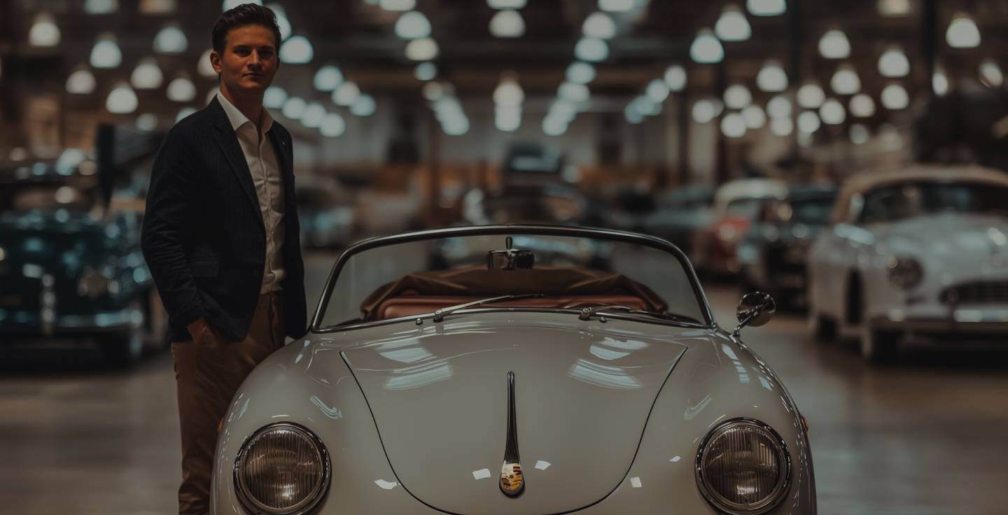 A suited man stood next to a classic car in a car gallery