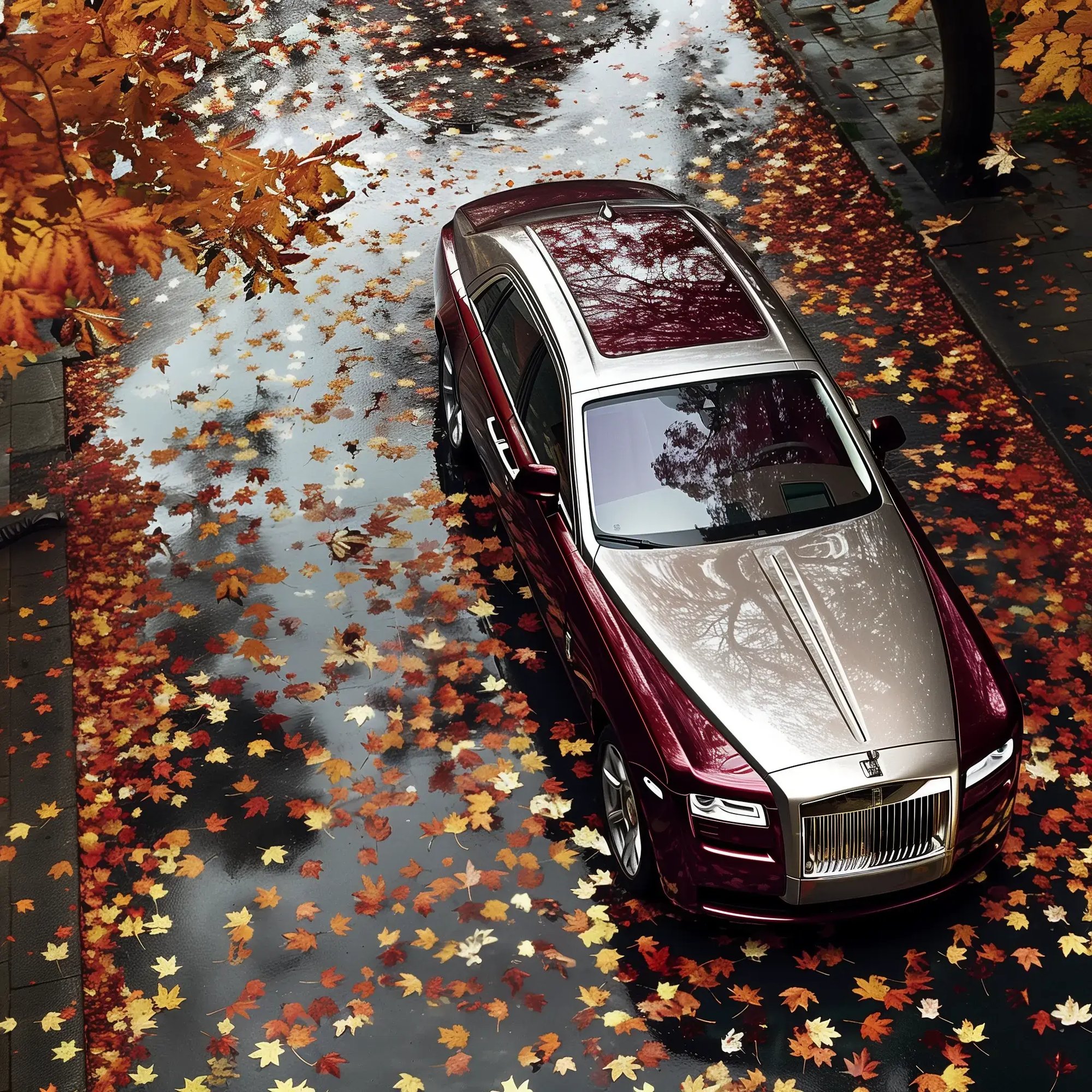 A burgundy 2014 Rolls-Royce Ghost Series II from above on a rainy road with autumn leaves
