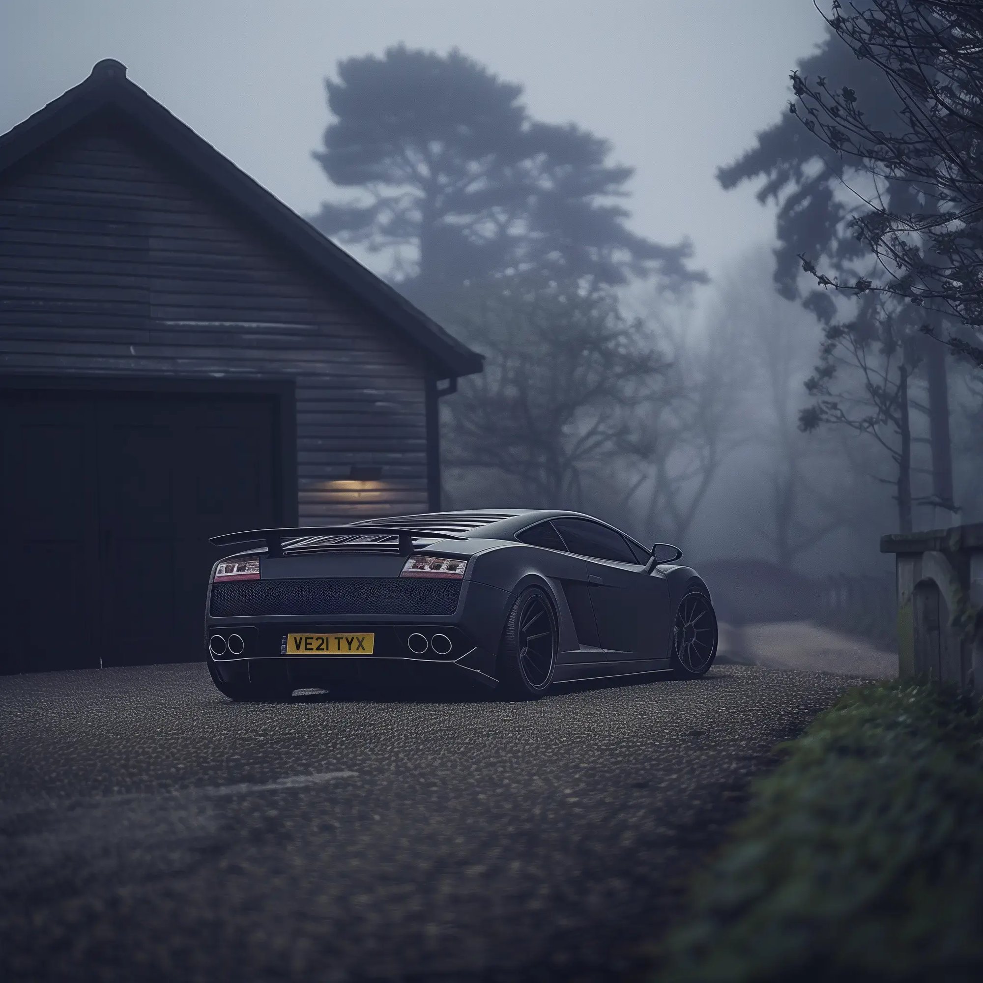A custom 2012 Lamborghini Gallardo outside foggy woods