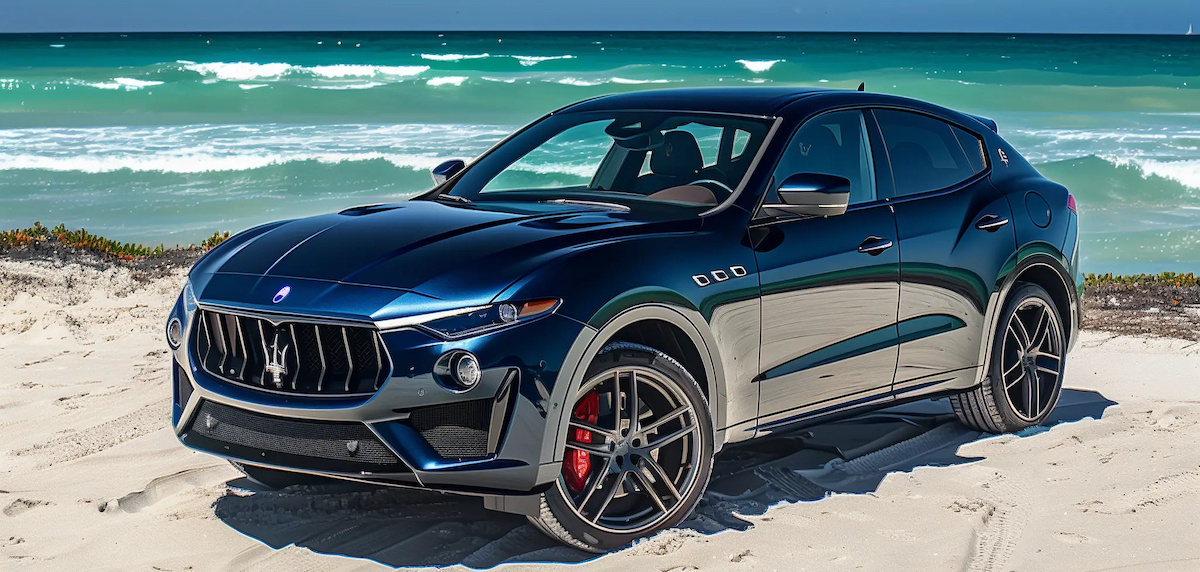 A dark blue 2020 Maserati Levante Trofeo on a sunny beach