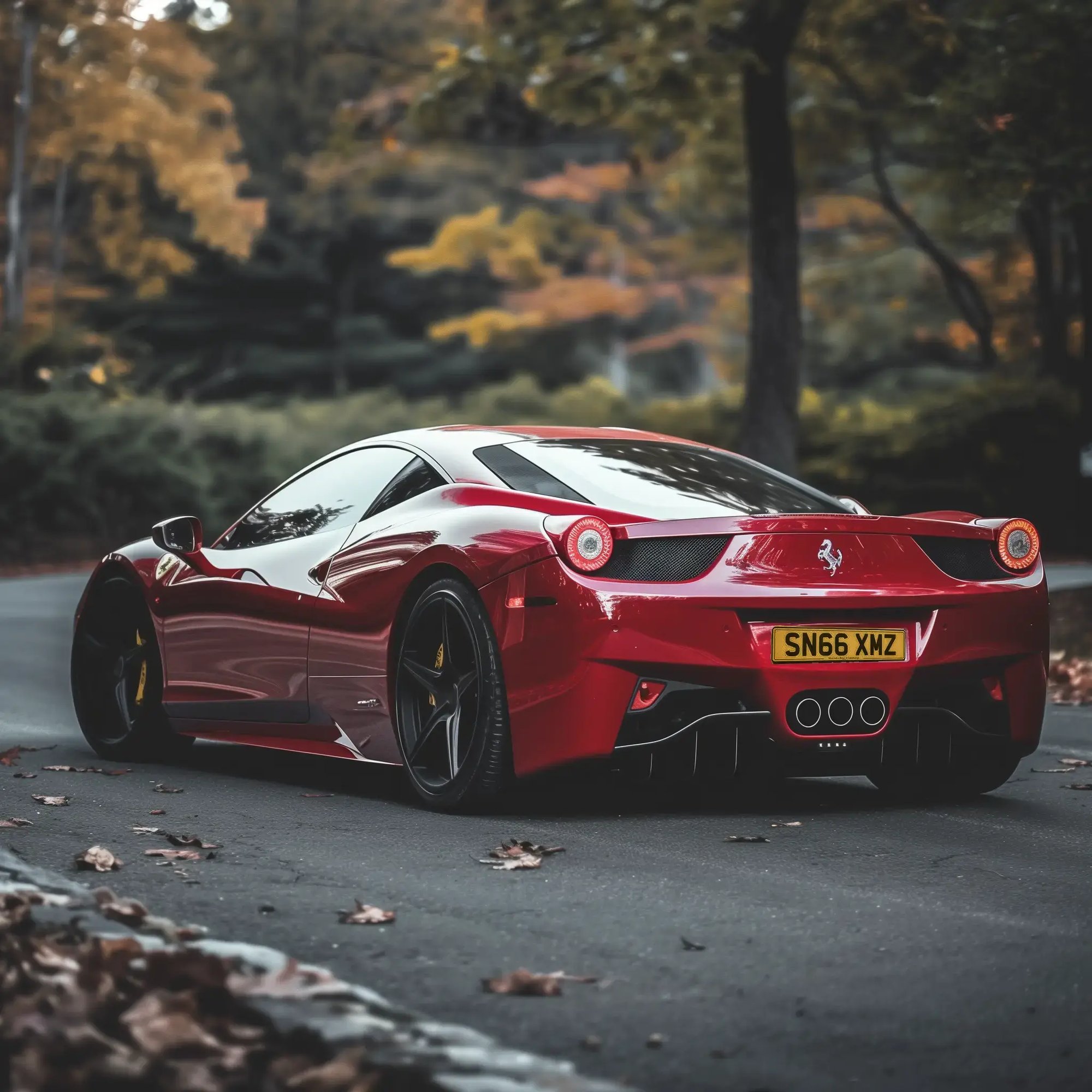 A red 2014 Ferrari 458 Italia shot from the rear