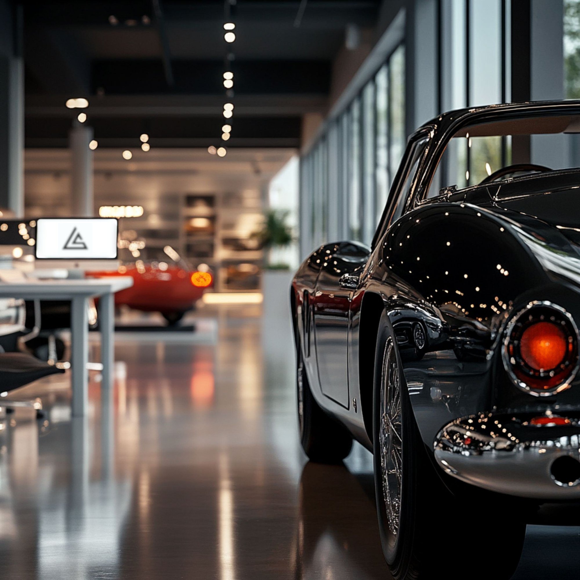 A glossy black sports car in a showroom with the Vroom and Swish logo on a monitor